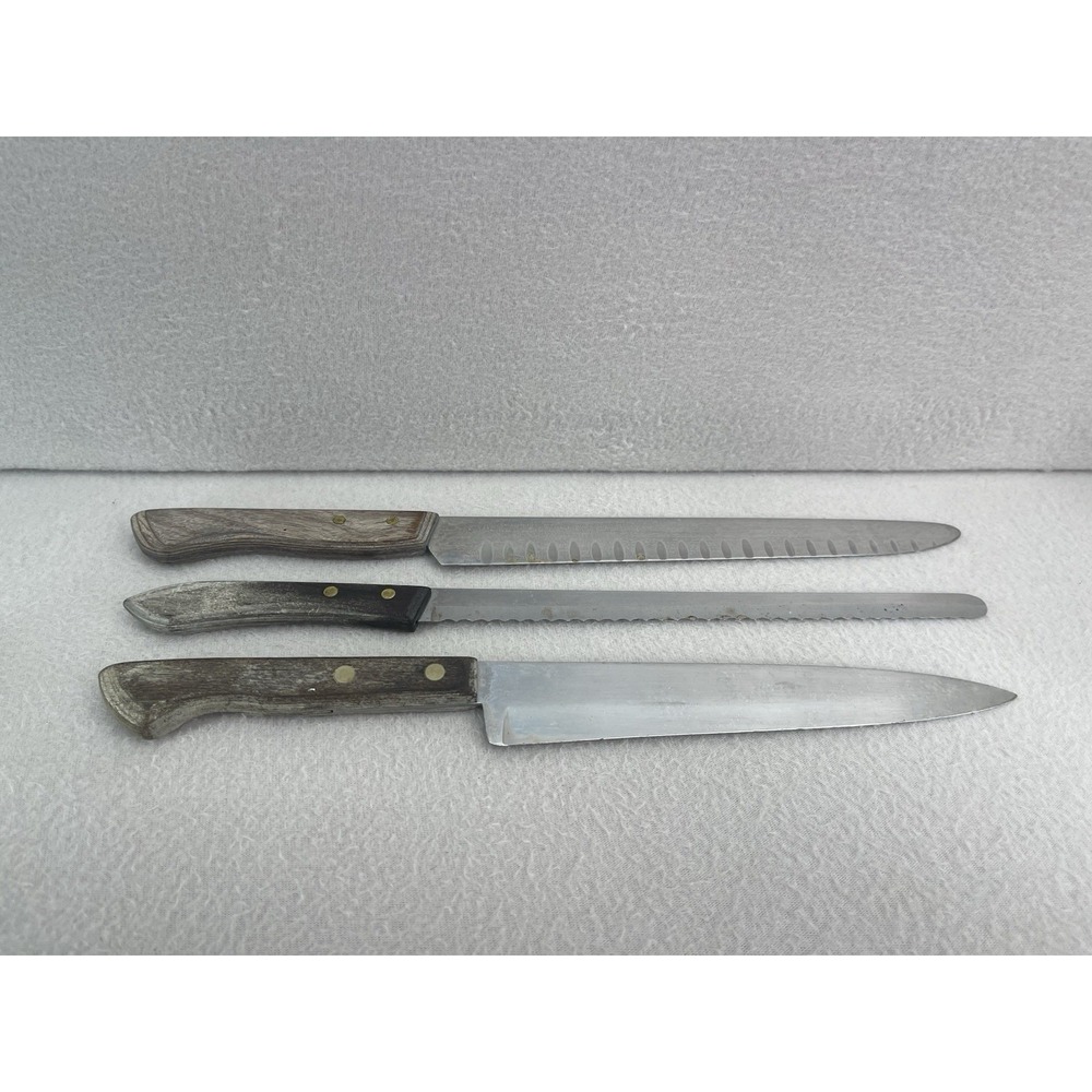 Lot of 3 Vintage Ecko USA Stainless Knives Wood Handle Kitchen Cutlery Set